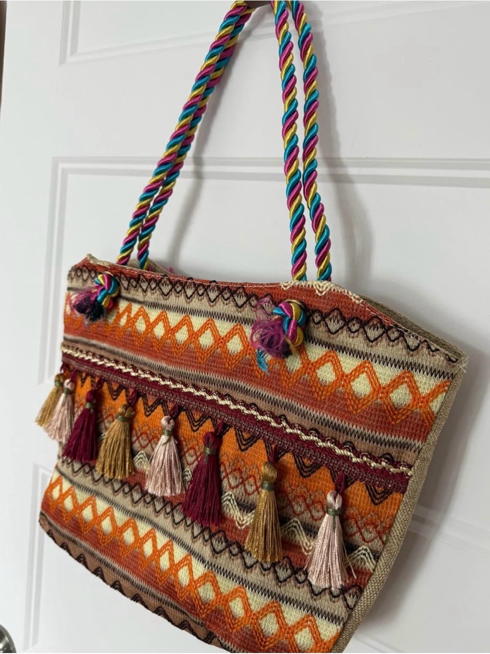 Bohemian Orange Tassel Knit Tote Bag - Unbranded